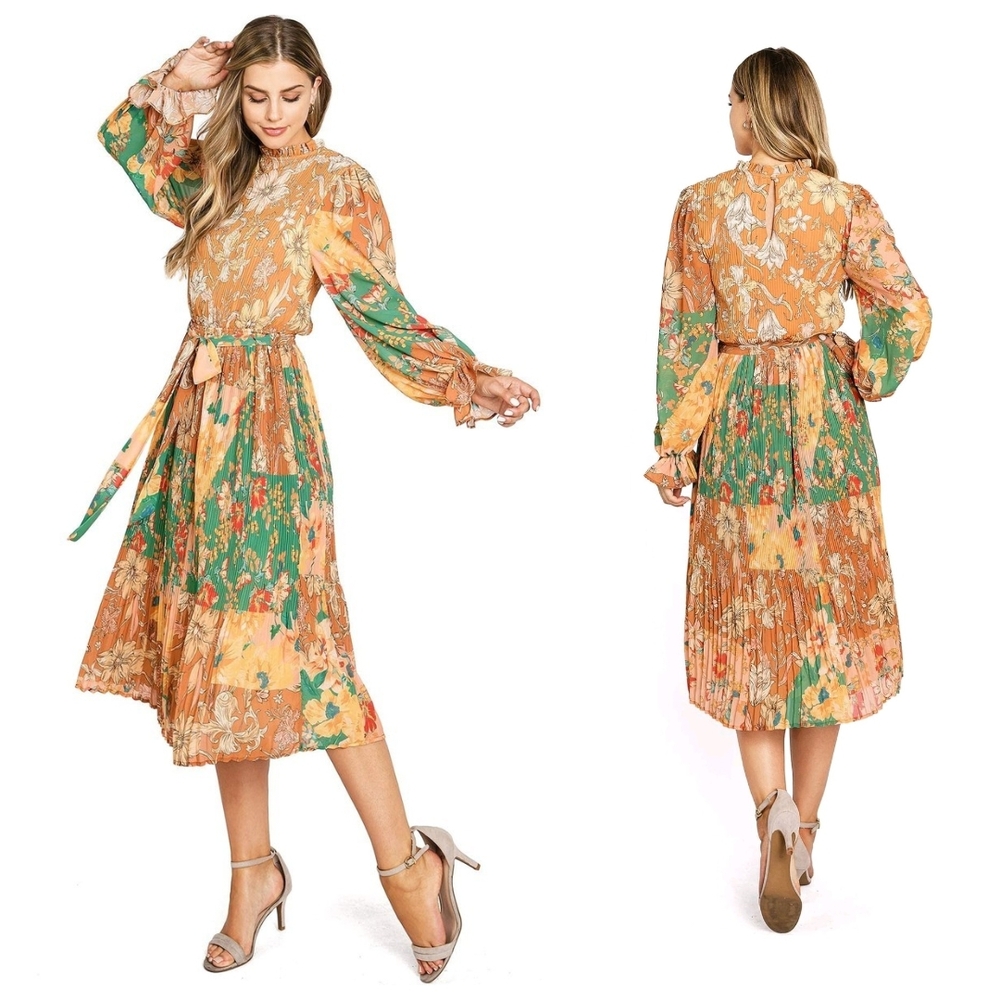 Flying Tomato Green and Orange Floral Long Sleeve Dress